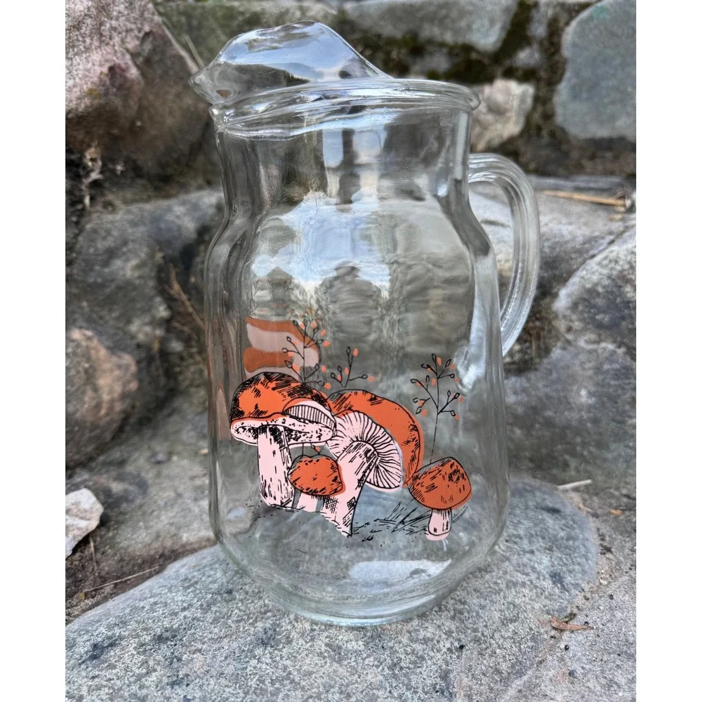 Vintage Mushroom Glass Pitcher with Ice Lip Retro Orange Pink 70s Cottagecore